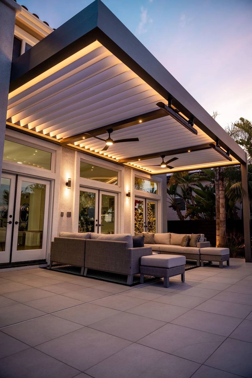 Pergola with warm LED lighting, fans and heaters at dusk