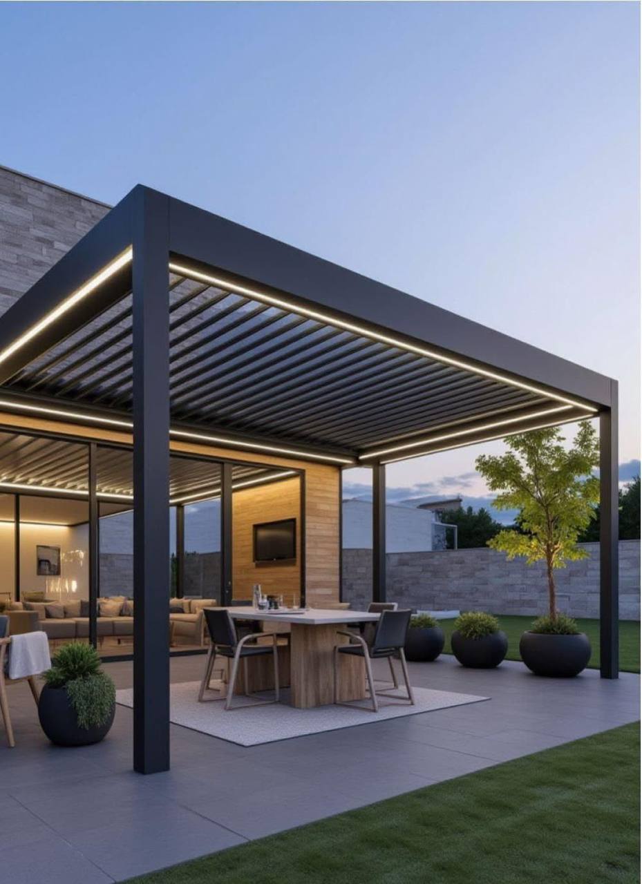 Black pergola with perimeter lighting at twilight